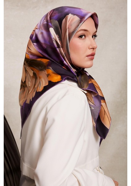 Lila Çiçek Desenli Twill Ipek Eşarp modelleri