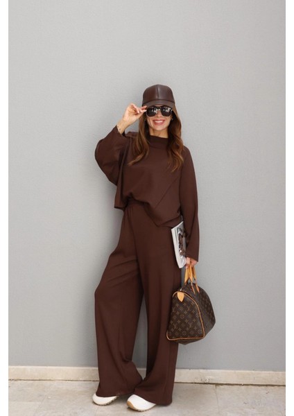 Kahve Ters Dikiş Bluz Pantolon Takım