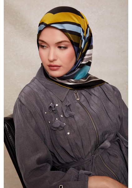 Turkuaz Kare Desen Twill Ipek Eşarp modelleri