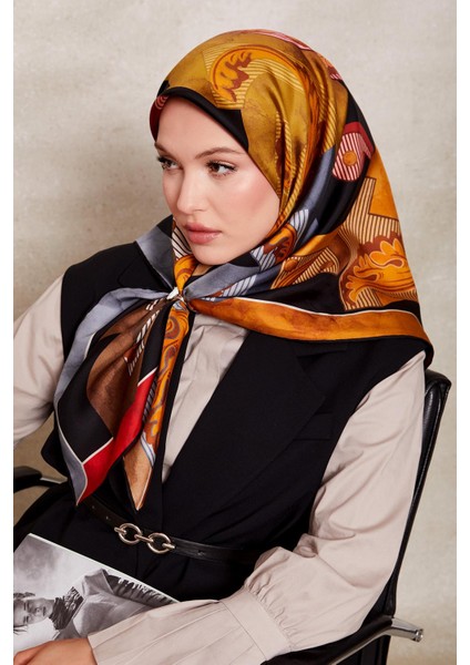 Sarı Karışık Desen Twill Ipek Eşarp modelleri