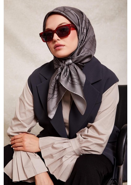 Gri Gül Desen Twill Ipek Eşarp fiyatları