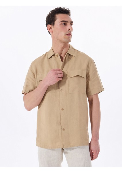 Deve Tüyü Erkek Apaş Yaka Relaxed Fit %100 Keten Gömlek F5SM-GML 2722