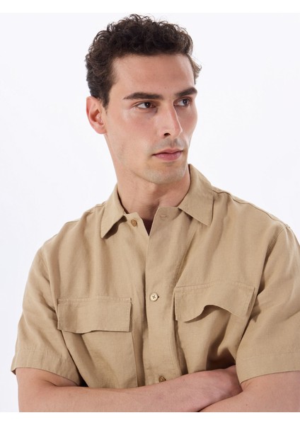 Deve Tüyü Erkek Apaş Yaka Relaxed Fit %100 Keten Gömlek F5SM-GML 2722 modelleri