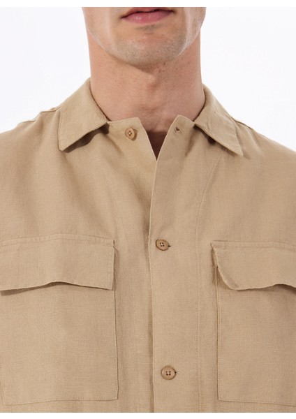 Deve Tüyü Erkek Apaş Yaka Relaxed Fit %100 Keten Gömlek F5SM-GML 2722 fırsatları