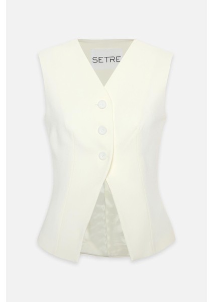 Krem Düğme Detaylı Yelek ve Pile Detaylı Midi Boy Etekli Takım