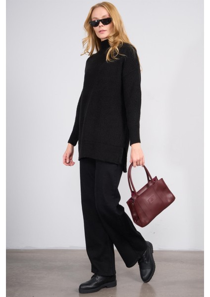 Çetinkaya Miya Mira Modest 8630 Kadın Dik Yaka Akrilik Yırtmaçlı Triko Kazak Siyah fiyatları