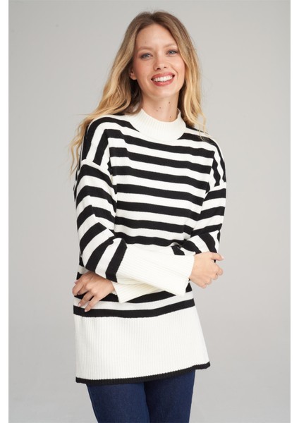 Çetinkaya Miya Mira Modest 8629 Kadın Dik Yaka Akrilik Yırtmaçlı Triko Kazak Siyah