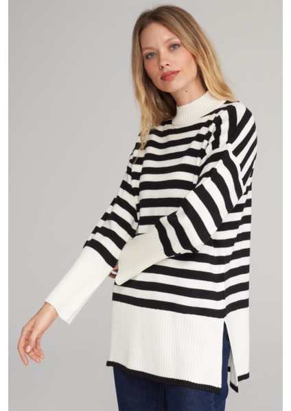 Çetinkaya Miya Mira Modest 8629 Kadın Dik Yaka Akrilik Yırtmaçlı Triko Kazak Siyah modelleri