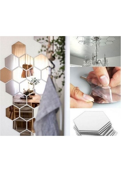 12 Adet Orta Boy Yapışkanlı Dekoratif Akrilik Ayna Altıgen