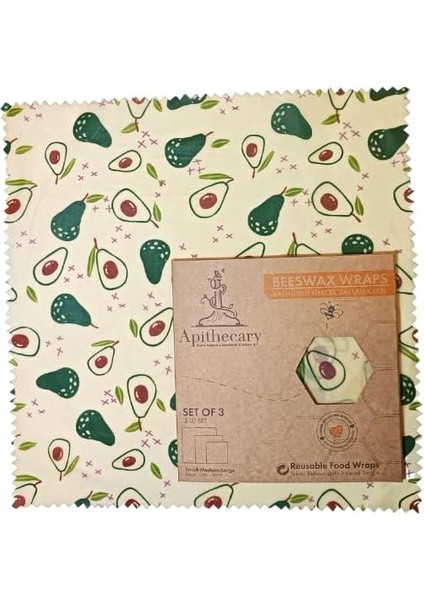 Gıda Sargısı - Avakado Desenli-Organik– Yeniden Kullanılabilir - Çevre Dostu - Sıfır Atık - Ekmek ve Sandviç Sargısı - Sürdürülebilir- Yeniden Kullanılabilir, 3'lü Set (S,m,l)
