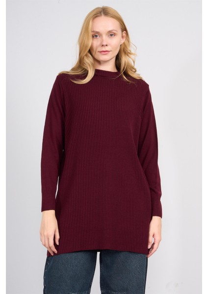 Çetinkaya Miya Mira Modest 8627 Kadın Dik Yaka Fitilli Triko Kazak Bordo