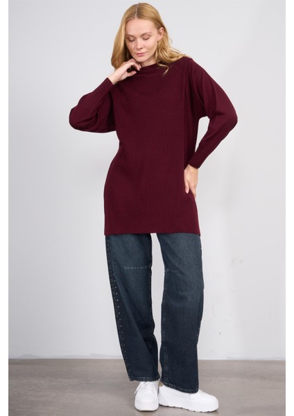Çetinkaya Miya Mira Modest 8627 Kadın Dik Yaka Fitilli Triko Kazak Bordo fiyatları