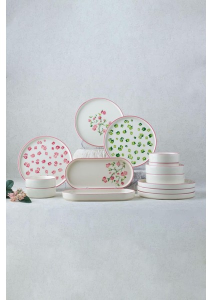 Seramik 14 Parça 6 Kişilik Berthe Çiçek Tasarımlı Stackable Kahvaltı Takımı& Kahvaltı Seti