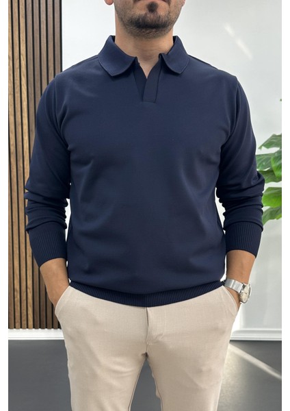 Erkek Açık Yaka Düz Desen Normal Kalıp Kazak Lacivert EDW423
