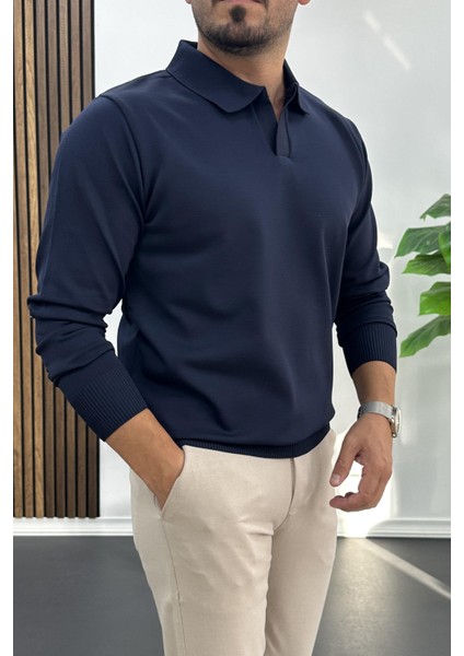 Erkek Açık Yaka Düz Desen Normal Kalıp Kazak Lacivert EDW423 fiyatları