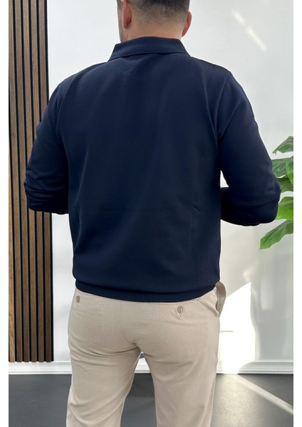 Erkek Açık Yaka Düz Desen Normal Kalıp Kazak Lacivert EDW423 modelleri