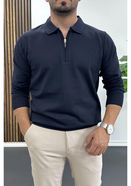 Erkek Yarım Fermuarlı Düz Desen Polo Yaka Kazak Lacivert EDW424