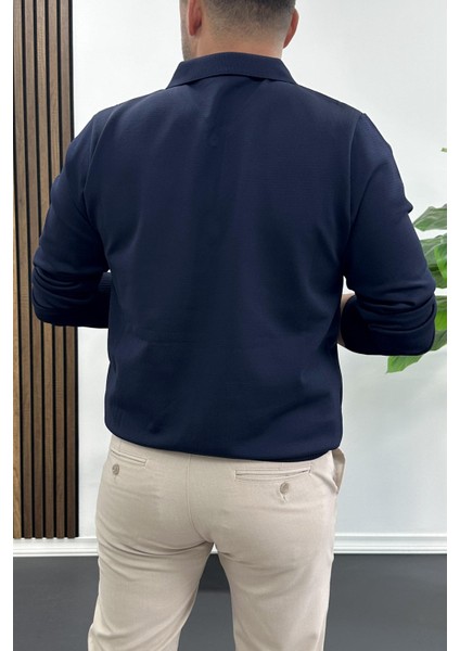 Erkek Yarım Fermuarlı Düz Desen Polo Yaka Kazak Lacivert EDW424 modelleri