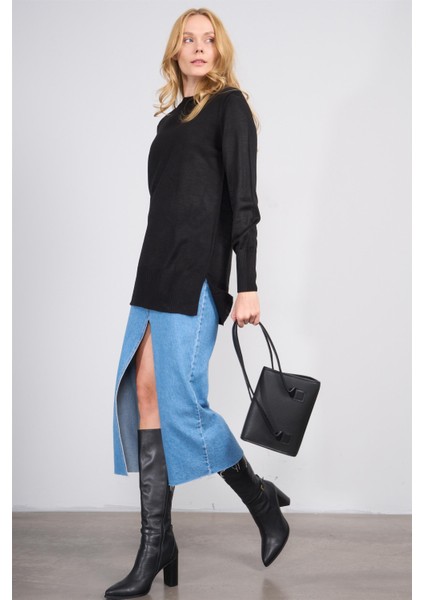 Çetinkaya Miyamira 2306 Kadın Basic Bisiklet Yaka Yanları Yırtmaçlı Triko Siyah fiyatları