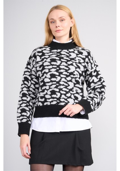 Çetinkaya Fithit 2322 Kadın Bisiklet Yaka Akrilik Leopar Desenli Triko Kazak Gri