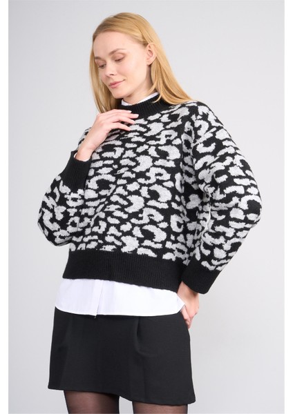 Çetinkaya Fithit 2322 Kadın Bisiklet Yaka Akrilik Leopar Desenli Triko Kazak Gri fiyatları