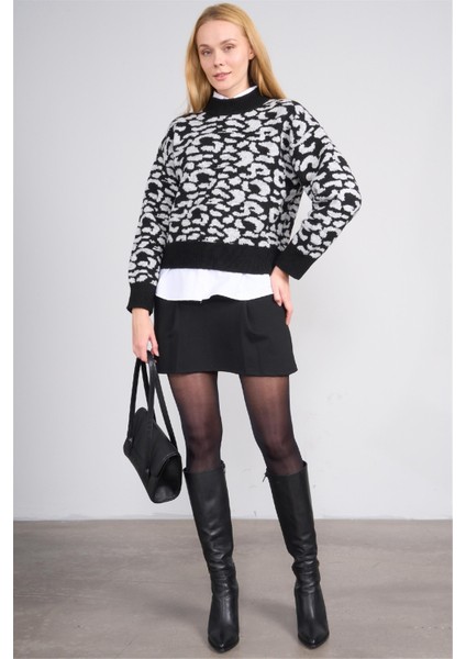 Çetinkaya Fithit 2322 Kadın Bisiklet Yaka Akrilik Leopar Desenli Triko Kazak Gri modelleri