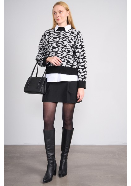 Çetinkaya Fithit 2322 Kadın Bisiklet Yaka Akrilik Leopar Desenli Triko Kazak Gri fırsatları