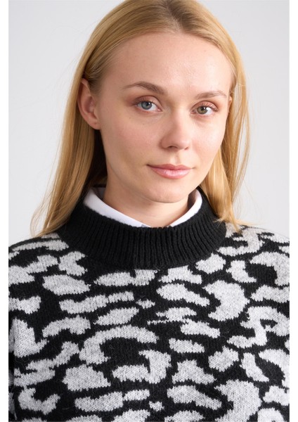 Çetinkaya Fithit 2322 Kadın Bisiklet Yaka Akrilik Leopar Desenli Triko Kazak Gri indirimleri