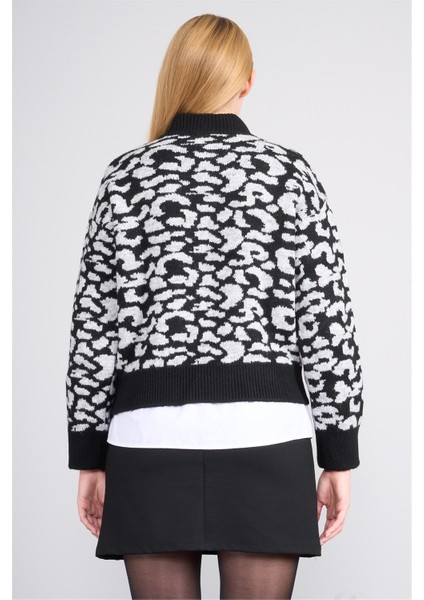 Çetinkaya Fithit 2322 Kadın Bisiklet Yaka Akrilik Leopar Desenli Triko Kazak Gri