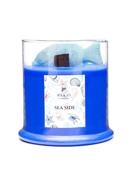 Büyük Üfleme Cam Balık Dekorlu Saks Mavisi Ocean Breeze Kokulu Vegan Mum (380 Gr) fiyatları
