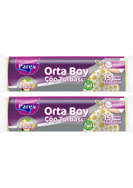 Premium Büzgülü Çöp Torbası Limon Kokulu 15'li Orta Boy 55 x 60 cm Ikili Paket
