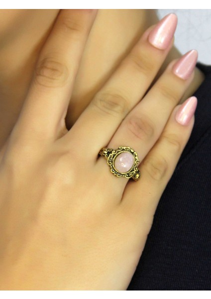 Doğal Taş Pembe Kuvars Taşlı Antik Model Kadın Ayarlanabillir Yüzük EUY80PK
