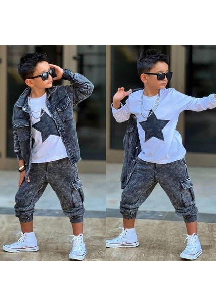 Erkek Çocuk Kot Görünümlü 3’lü Takım – Yıldız Desenli Tişört, Gömlek ve Pantolon 2060 S modelleri