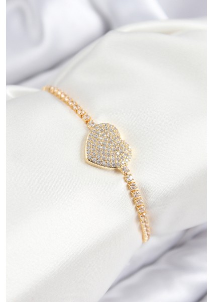 Pirinç Zirkon Taşlı Kalp Model Gold Renk Asansörlü Kadın Bileklik
