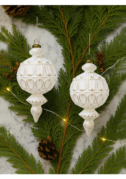 Yılbaşı Ağaç Süsü Retro Altın Eskitme Detaylı Sarkıt Beyaz Gold 16 cm 2'li Set