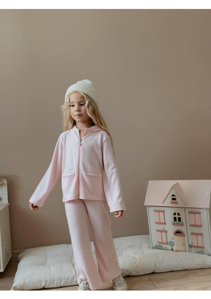 Kız Çocuk Pudra Ribana Fermuarlı Eşofman Takımı 6009 modelleri