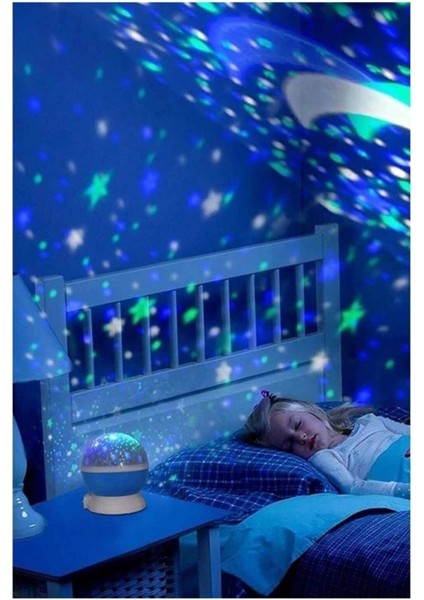 Mavi Dönen Projeksiyon Gece Lambası Star Ay Yıldız LED