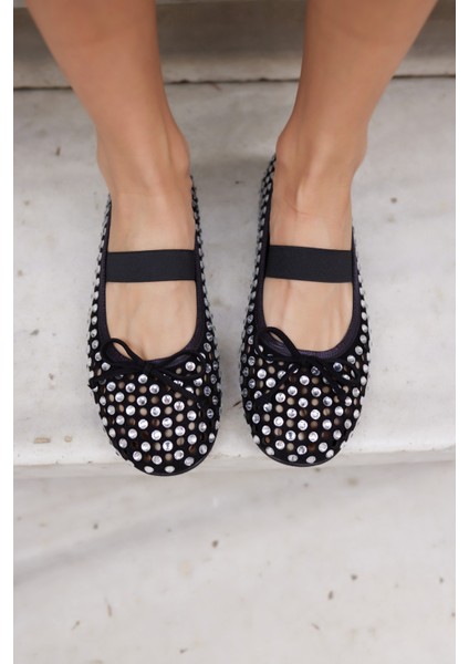 Elio Kadın Siyah Gercek Deri Taş Detayli Babet