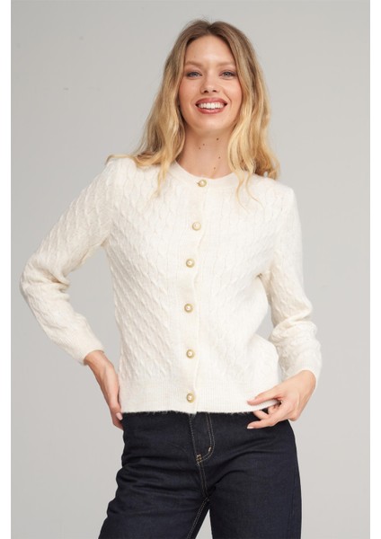 Çetinkaya Miya Mira 2314 Kadın Bisiklet Yaka Akrilik Triko Hırka Kırık Beyaz