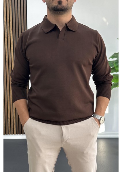 Erkek Açık Yaka Düz Desen Normal Kalıp Kazak Kahverengi EDW423