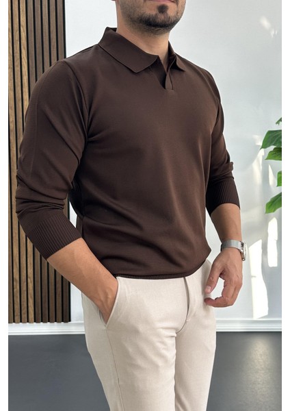 Erkek Açık Yaka Düz Desen Normal Kalıp Kazak Kahverengi EDW423 fiyatları