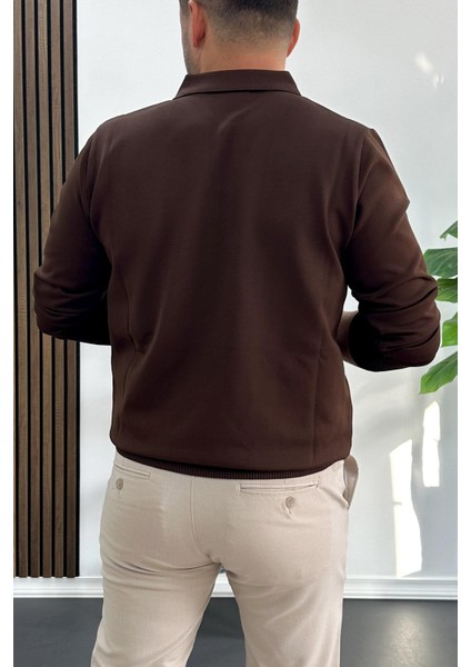 Erkek Açık Yaka Düz Desen Normal Kalıp Kazak Kahverengi EDW423 modelleri