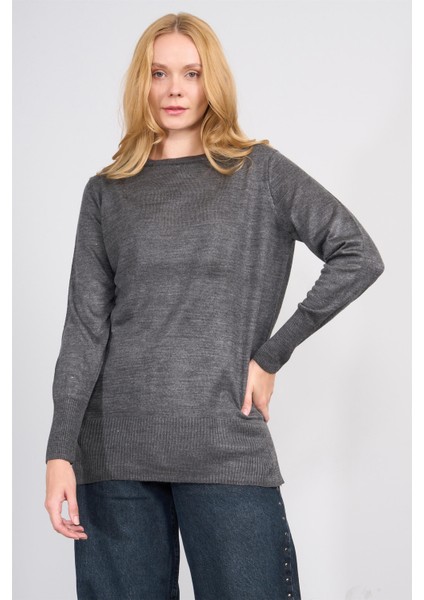 Çetinkaya Miyamira 2306 Kadın Basic Bisiklet Yaka Yanları Yırtmaçlı Triko Koyu Gri