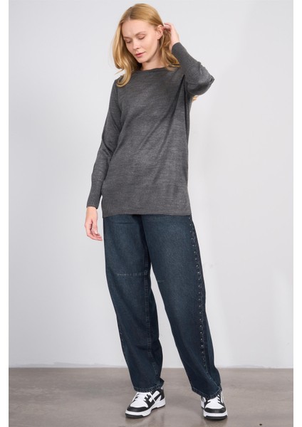 Çetinkaya Miyamira 2306 Kadın Basic Bisiklet Yaka Yanları Yırtmaçlı Triko Koyu Gri fiyatları