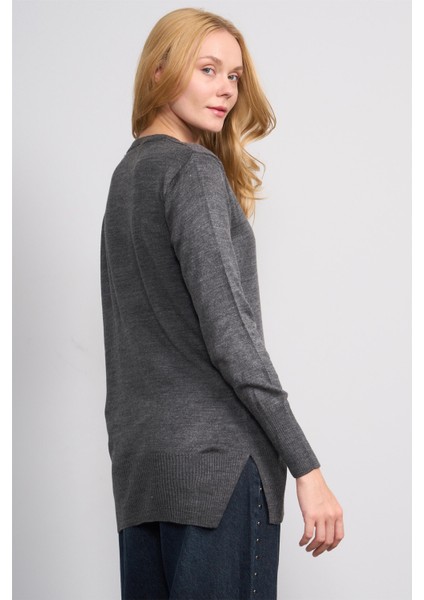 Çetinkaya Miyamira 2306 Kadın Basic Bisiklet Yaka Yanları Yırtmaçlı Triko Koyu Gri fırsatları