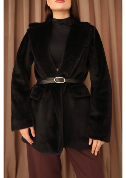 Kadın Siyah Kemerli Kürk Görünümlü Fox Kumaş Ceket Kaban modelleri