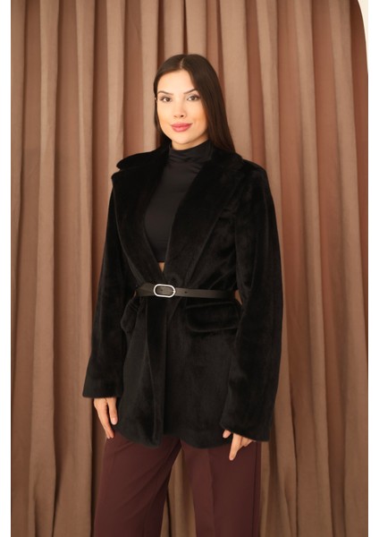Kadın Siyah Kemerli Kürk Görünümlü Fox Kumaş Ceket Kaban indirimleri