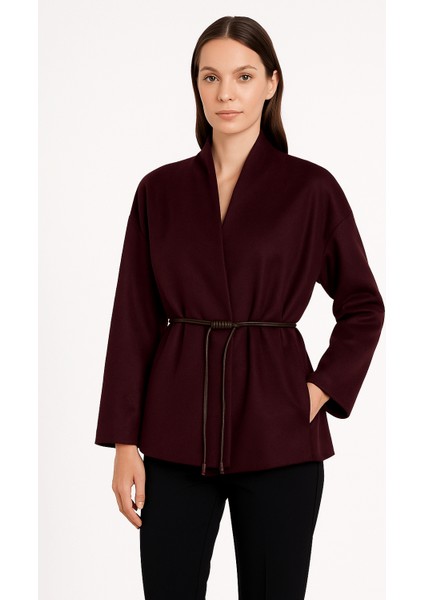 Bordo Yakasız Dökümlü Rahat Kesim Kaban