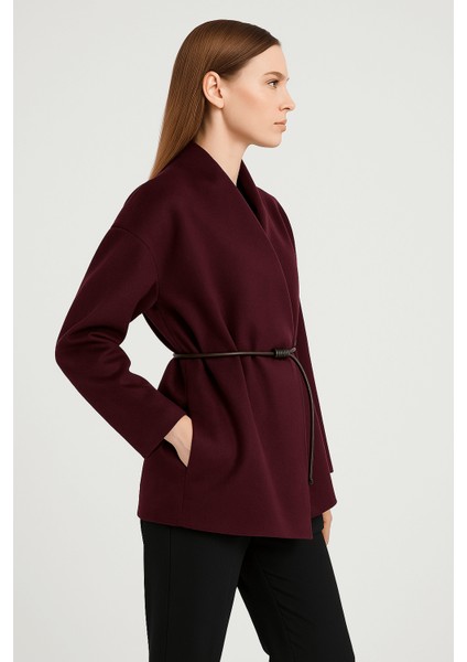 Bordo Yakasız Dökümlü Rahat Kesim Kaban fiyatları