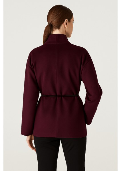 Bordo Yakasız Dökümlü Rahat Kesim Kaban modelleri